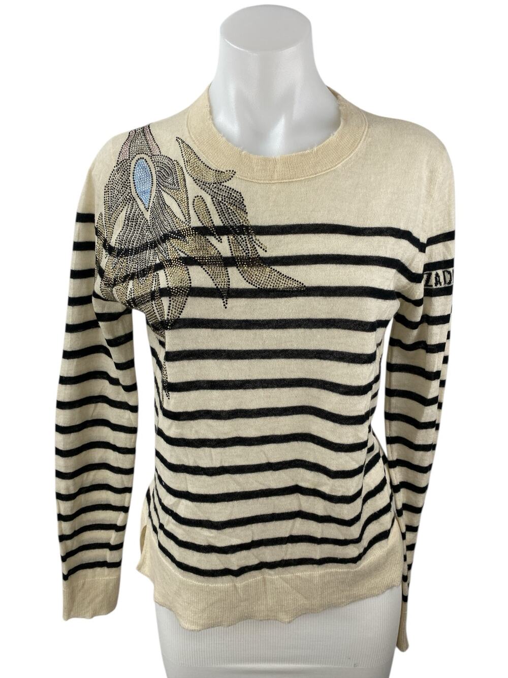 Zadig & Voltaire 100% Cashmere Cream Striped Long Sleeve Knit Sweater Top Sz XS